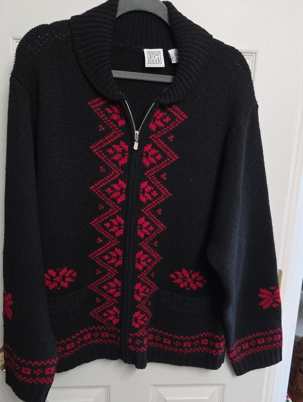 Unisex Black Zip-Front Sweater with Red Nordic Pattern